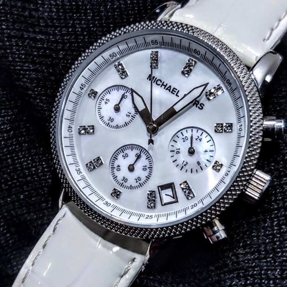 Michael Kors Jet Set Sports Mother of Pearl Dial Chrono Women's Watch EUC